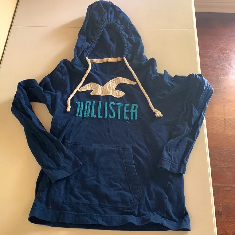 Hollister womens size small surfer cut thin cotton hoodie embroidered logo blue